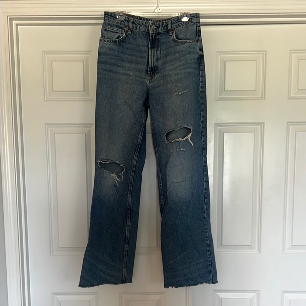 Zara Women’s Blue Flare & Wide Leg Ripped Jeans